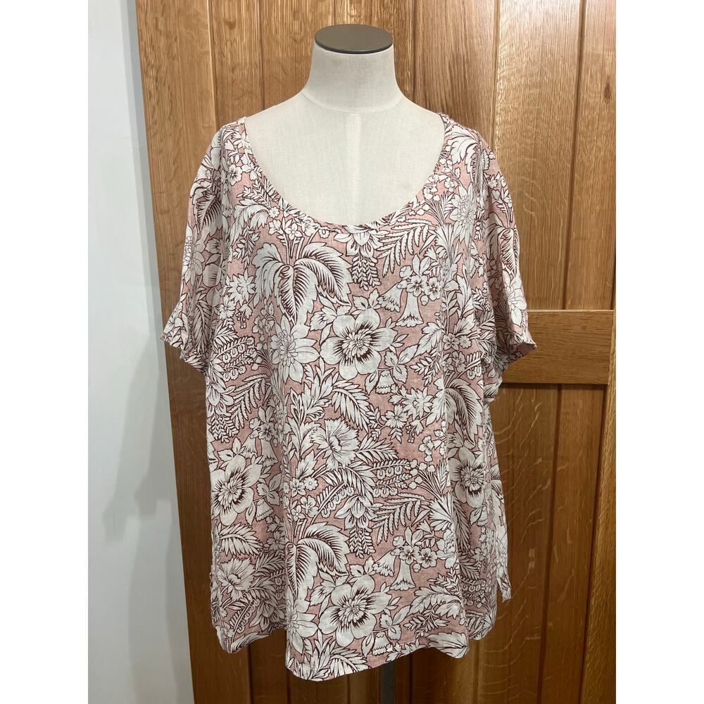 Lagenlook Boho 100% Linen Plus Sz 3X Beach C&C California Beige Floral Tunic Top